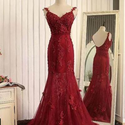 Lace Burgundy Prom Dresses, Wedding Party Dresses, Graduation Party Dresses, Formal Dresses, Banquet Gowns with Lace Straps