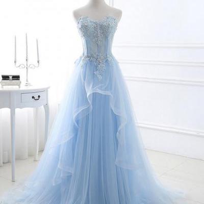 Light Blue Sweetheart Sheer Corset Long Prom Dress, Evening dress, Formal Dress Featuring Lace Appliqués and Lace-Up Back