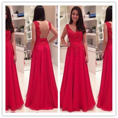 Floor Length A Line Sleeveless Red Lace Prom Dresses pst0069