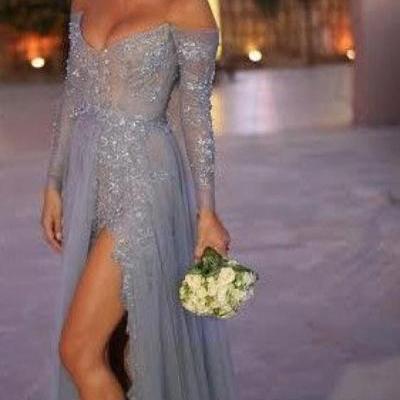 Sexy Prom Dress With High Slit Off The Shoulder Sleeves Evening Party Gown pst0992