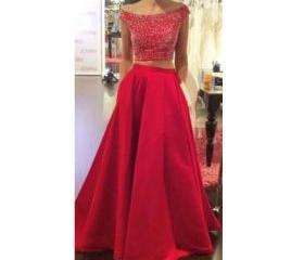 Off Shoulder Two Piece Prom Dresses Beaded Bodice A Line Skirt Pst0007 ...