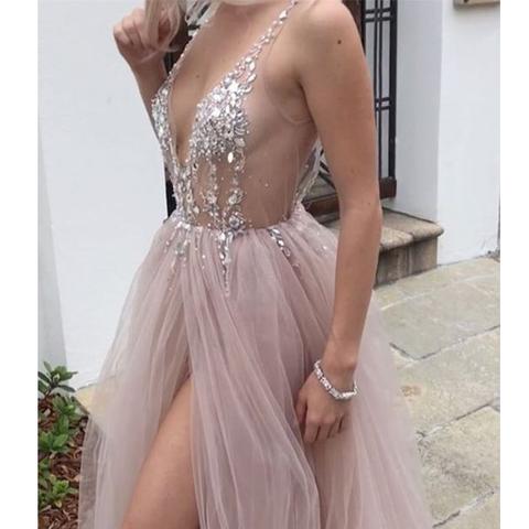 Sexy Slit V-neck Tulle Ink Blue Junior Prom Dress GTEEN119