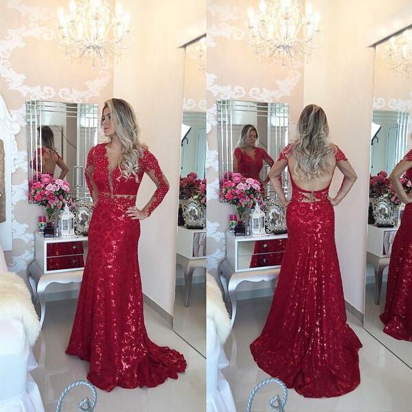 Red Shinning Prom Dress Evening Party Dress With Sleeves Pst0683 on Luulla