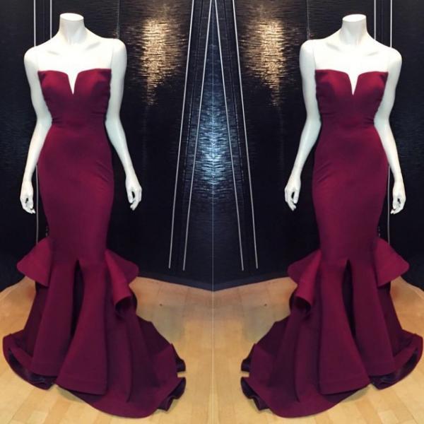 Burgundy Gold Applique Mermaid Graduation Party Pageant Dresses main image 0