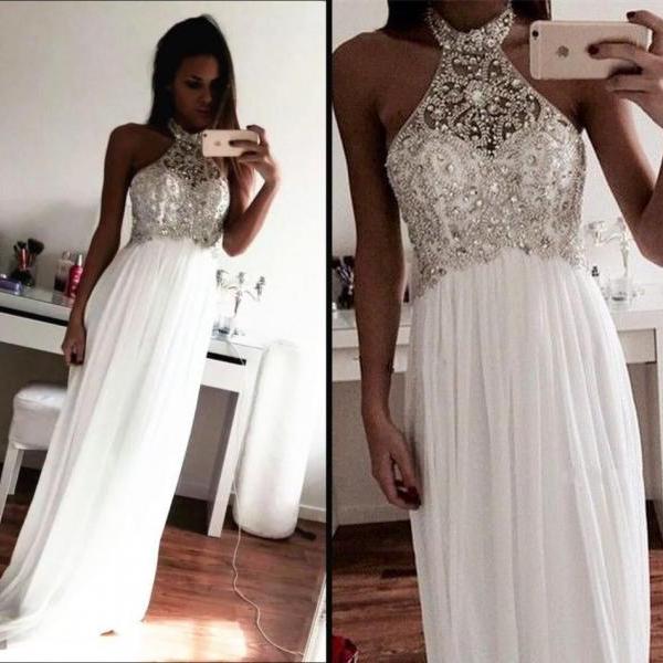 White Prom Dress With Beading And Stones Evening Party Dresses pst0941