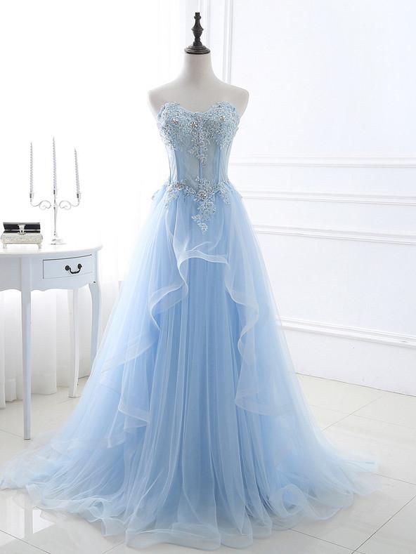 Light Blue Sweetheart Sheer Corset Long Prom Dress Evening Dress