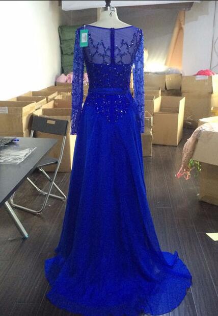 Royal Blue Prom Dress With Long Sleeves, Evening Gown ,Graduation Party
