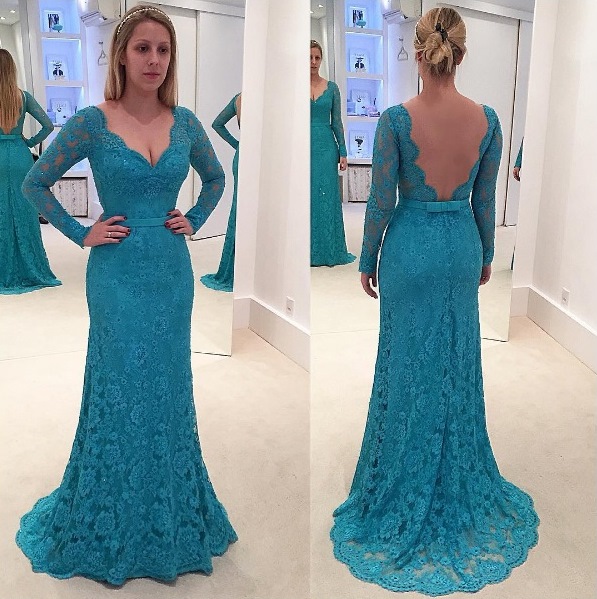 Lace Prom Dresses With Long Sleeves, Blue Formal Dresses, Wedding Party ...